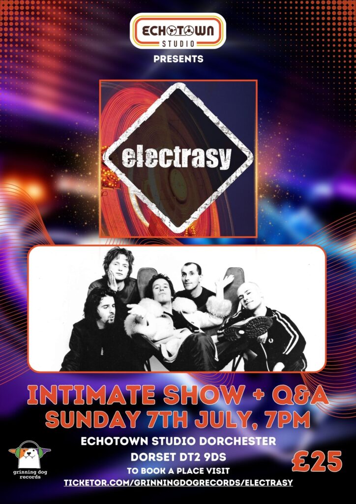 A poster showing a black and white image of a 5 piece band. 1 member is sat in the centre with the remaining 4 surrounding them on both sides. Above them is their logo spelling 'Electrasy' and below in red text are the event details.